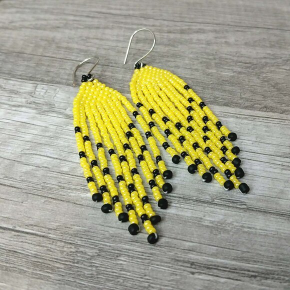 Yellow & Black Beaded Fringe Dangle Earrings, Seed Bead Jewelry 3.5" - Picture 2 of 6